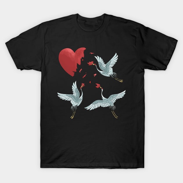 Crane birds with a broken heart best gift for a lonley and single valentine's day T-Shirt by AbirAbd